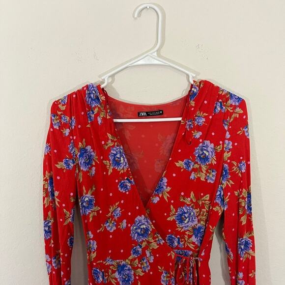 Zara Women's Red Floral Mini Wrap Dress Size S Style 9049/687/600/S - Picture 5 of 12